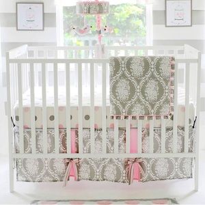 Olivia Rose 3pc Crib Set: comforter/blanket, crib skirt, fitted sheet pink/gray
